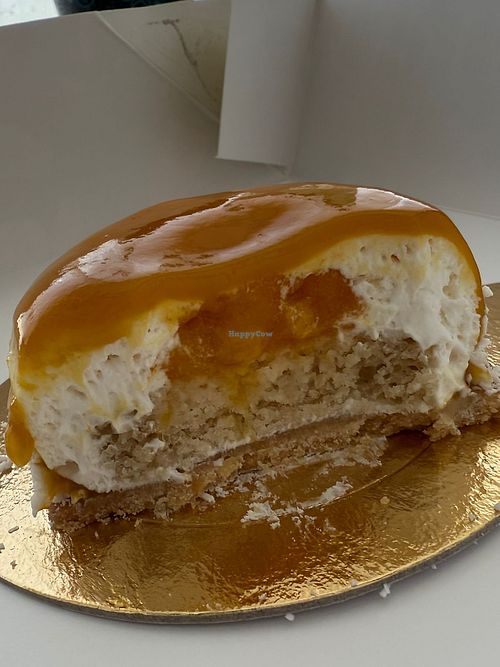 Tropical entremet - coconut, passion fruit and mango at Maria Quitéria Confeitaria Vegana in São Paulo