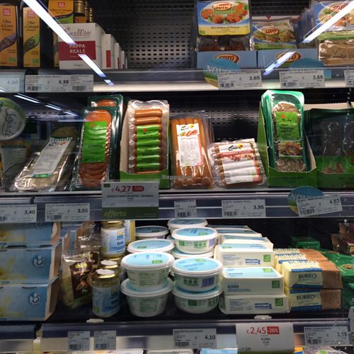 Various vegan salamis and hot dogs at NaturaSi in Catania