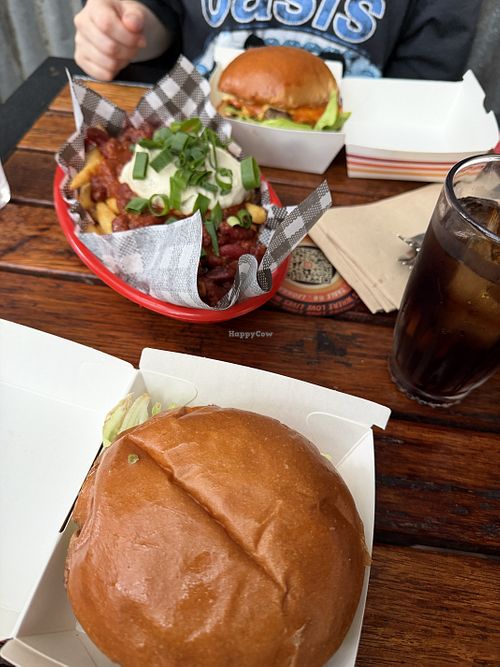 Vegan burger and loaded fries  at Leonard's House of Love in South Yarra