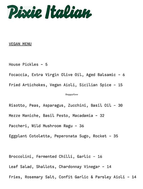 Vegan menu  at Pixie Italian in Byron Bay
