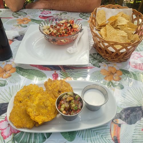 Tostones & Heart of Palm Ceviche (small) at Toucan Cafe in Stann Creek District