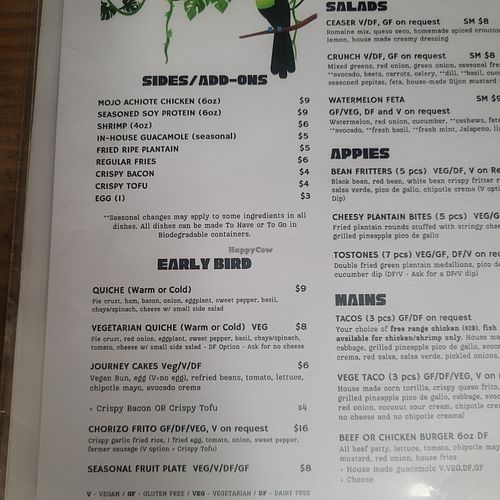 Menu at Toucan Cafe in Stann Creek District