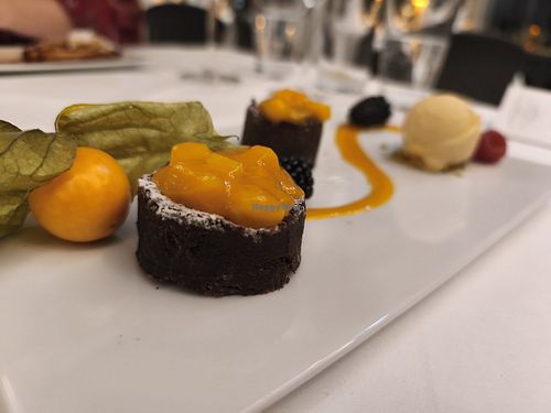 Dessert on night one (my coworkers were jealous 🤠) mini brownies with Mango compote. at Restaurant Tausend93 Im Seehotel Maria Laach in Rheinland-pfalz
