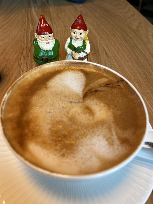 Cappuccino mit Hafermilch und zwei der über 3000 Salz- und Pfefferstreuer😄 at Rotes Emu in Baden-württemberg
