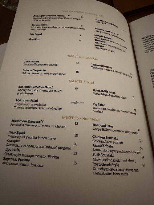 Vegan options clearly marked  at Meraki Greek Restaurant & Bar in London