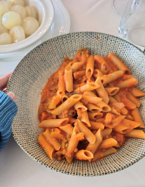 Vegan lentil and vegetable teff pasta plus onions side dish at Ristorante La Madonnina di Barni in Lombardia