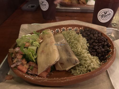 Vegetable tamale with black beans and cilantro rice, salsa and guacamole   at Masa Tamales & Taqueria in Richmond