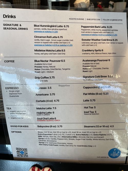 Drinks menu  at CUP by Blue Hummingbird Coffee in Irvine