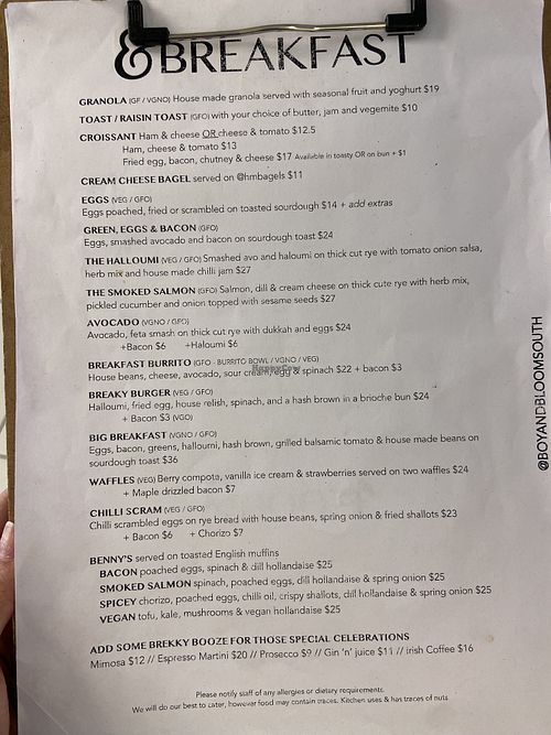 Regular Brekky menu   at Boy & Bloom in City Of Onkaparinga