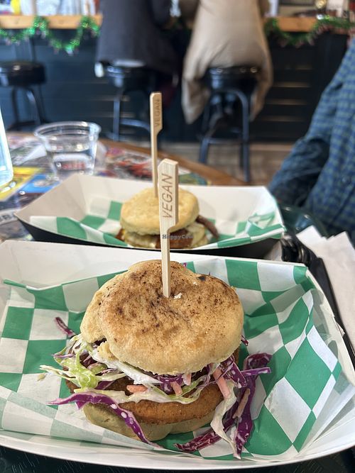 Vegan fried chicken with coleslaw and vegan bacon egg and cheesee  at Bubba's Biscuit Bar in Hudson