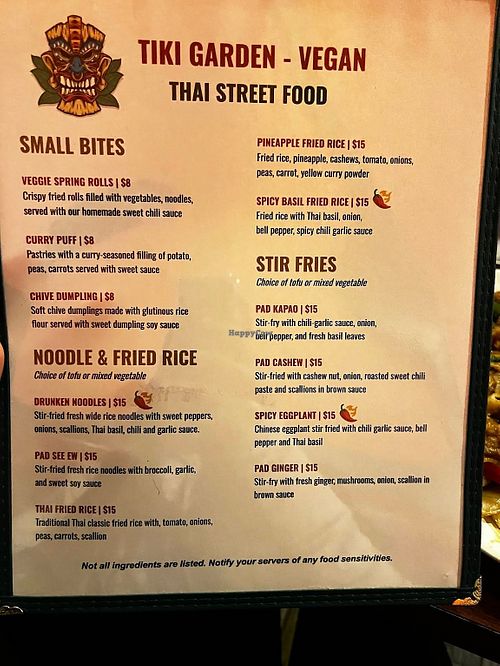 Vegan menu at Tiki Garden Thai Street Food Alexandria in Alexandria