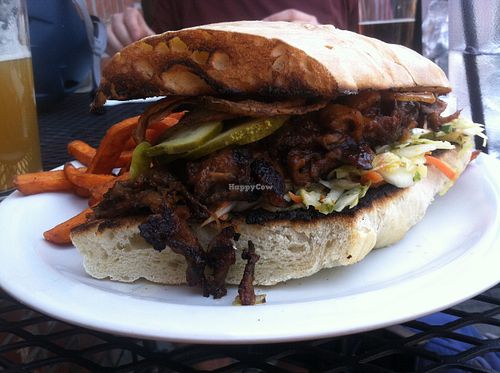 Oyster Mushroom pulled "pork." Smoky and delicious. at The Steer in Buffalo