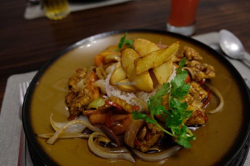 Vegetables, Rice, Fried Potatoes at Chifa La Familia Feliz in La Fortuna