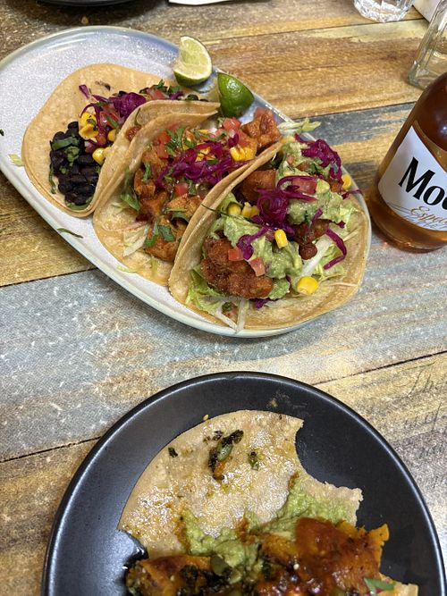 All 4 vegan taco options; pumpkin, beans, tofu, and cauliflower - was too quick in picking up the first taco before grabbing pic!  at Village Cantina Werribee in Werribee