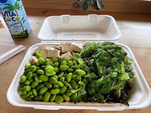 Vegan bowl with edamame, tofu, and seaweed salad. Base half greens half rice.  at Ono Authentic Hawaiian Poke in Edmonds