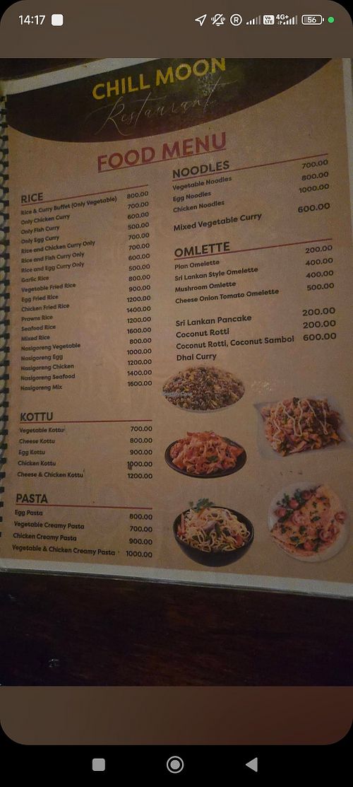 Menu at Chill Moon in Midigama