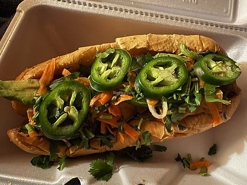 Vegan Banh Mi, with tofu, avocados, carrots, jalapenos, cilantro, etc.  Delicious!! at Saigon On Main in Rocky Mount