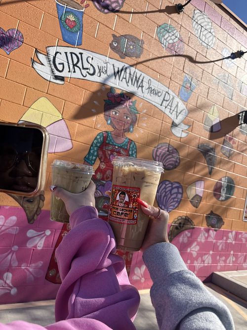 strawberry matcha and cafe miklo with almond and oat milk   at Tres Leches Café in Arizona