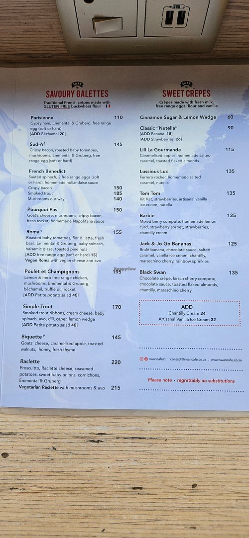 Menu at Swan Café in Cape Town