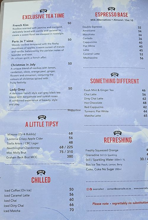 Menu at Swan Café in Cape Town
