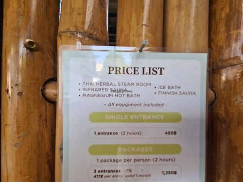 Price list for spa sessions at The Old City Spa - Ice Bath, Finnish Sauna, Himalayan Salt Far-Infrared Sauna, Magnesium Hot Bath, Thai Herbal Steam Room in Chang Wat Chiang Mai