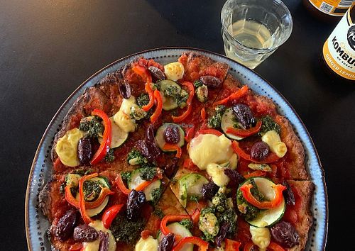 La bella vegetariana with GF base and Homemade vegan cheesee  at La Diga Pizzeria in Robe