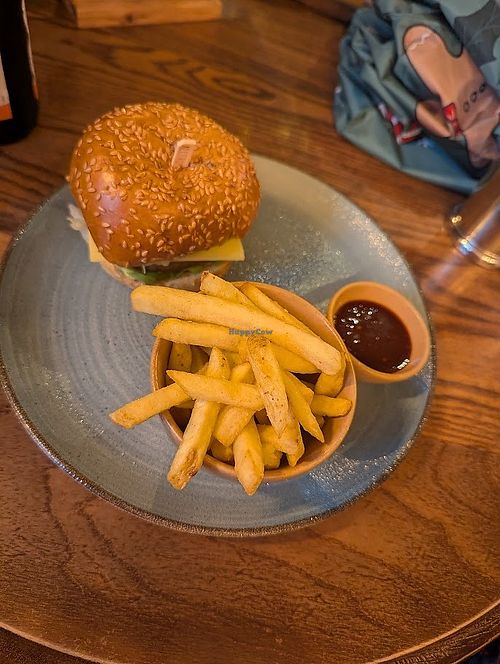 Beyond Meat® Sprout Pesto Burger with fries and BBQ sauce at The Museum in Sheffield