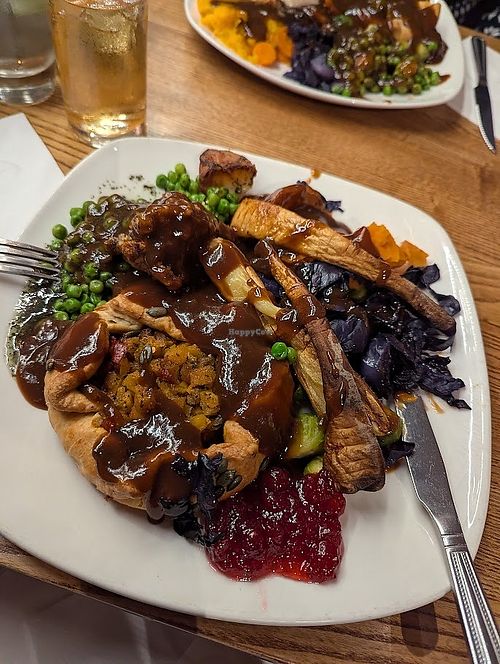 Spicy butternut squash pie (ask for the vegan version without goat's cheese) with steamed vegetables at Toby Carvery Dronfield in Sheffield