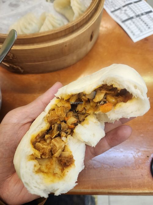 Chili bun, almost non spicy and has bamboo, tofu and corn and other fillings in it. at Shirley Red Vegetarian Dim Sum雪裏紅素食點心  in Taipei