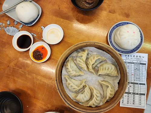 Dumplings with chili, soy sauce, vinegar at Shirley Red Vegetarian Dim Sum雪裏紅素食點心  in Taipei