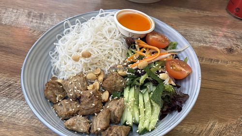 Vegan “beef” and vermicelli   at Om Shangri-la in Springvale