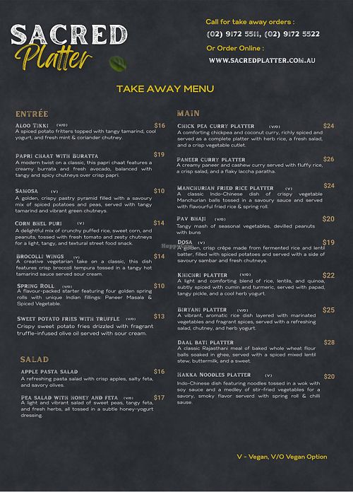 Our take away menu at Sacred Platter in Kenthurst