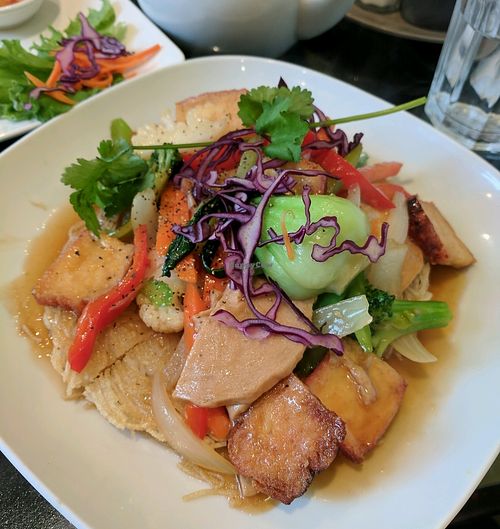 Pho Ap Chao - pan fried noodles and stir fried veggies with tofu and vegan ham  at Tamarind Vietnamese Grill and Noodle House in Calgary