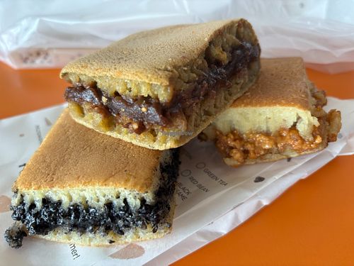 Black sesame, red bean with a green tea pancake, and peanut at Munchi Pancakes in Singapore