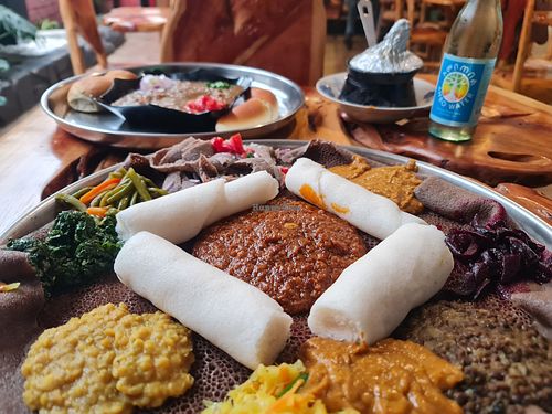 Vegetarian platter with lentils, peas and shiro wot. at Queen Sheba Habesha Ethiopian Restaurant in Nairobi County