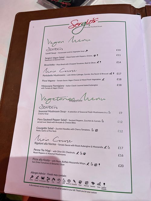 Vegan page of the menu at Sergio's in London