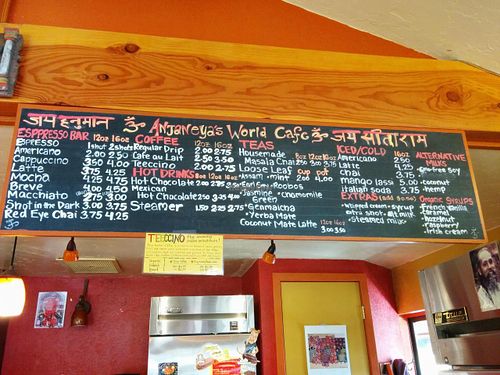 Main menu & counter at Anjaneya's World Cafe in Watsonville