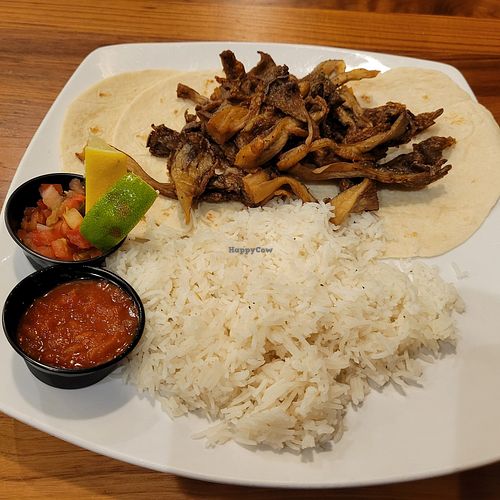 Island tacos modified with roasted oyster mushrooms and no sour cream. at Revel Kitchen and Cocktails in Minnesota