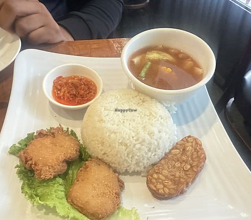 V4 Nasi Vegetarian Ayam Sayur Asam / Tamarind Soup with Fried Veggie Chicken  at Sumatera Restaurant NYC in New York