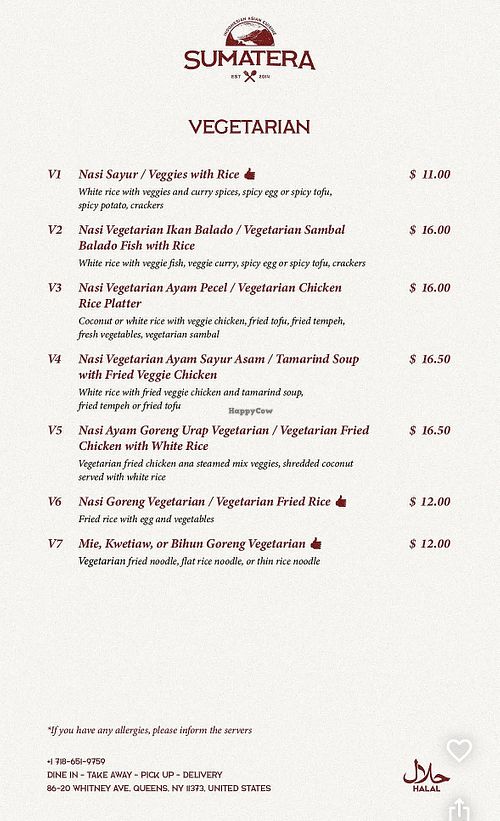 Vegetarian menu section   at Sumatera Restaurant NYC in New York