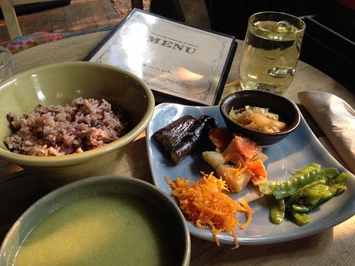 daily lunch set with soup, brown rice, veggies and tea at Amrita Garden in Chiang Mai