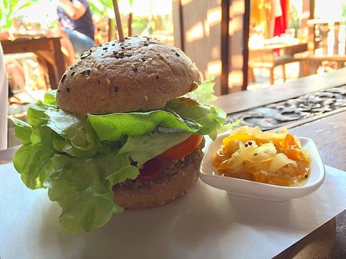 vegan burger and relish. ok, but not great at Amrita Garden in Chiang Mai