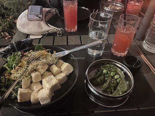 Chinois Chicken Salad with fried tofu substitution, happy hour veggie dumplings  at Bar Chinois in Washington