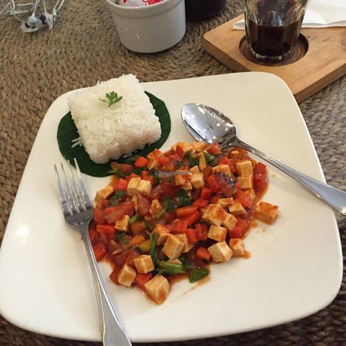 Fried tofu and tomatoes, which was decent. 30k.  at Indigo Cafe in Luang Prabang