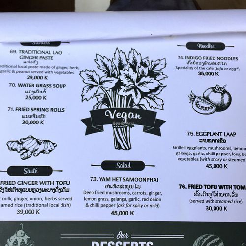 The vegan menu at Indigo Cafe in Luang Prabang
