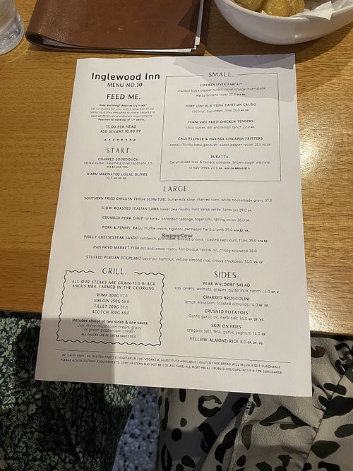 Menu  at Inglewood Inn in Inglewood