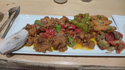 Sunday is wild mushroom day! Here is a mushroom place with some veggie side dishes and bread at Vegan Community Kitchen in Istanbul