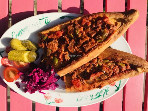 Pide with vegan sausage  at Vegan Community Kitchen in Istanbul