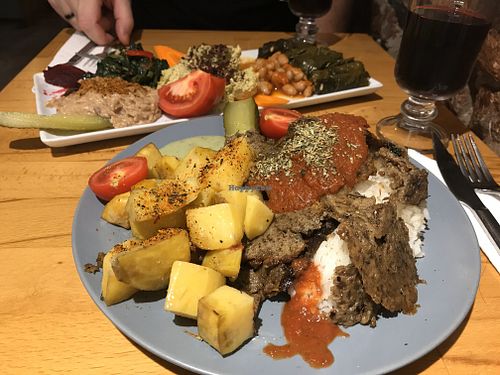 Vegan Donar with rice and potatoes  at Vegan Community Kitchen in Istanbul