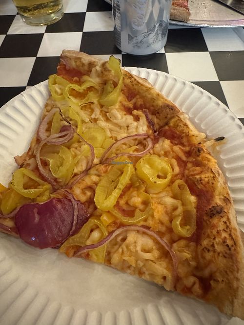 Two slices of the vegan pizza   at Pizza Works - Ballston Spa in Ballston Spa